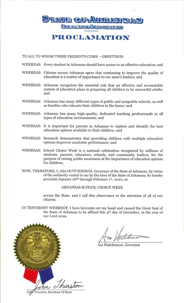 Governor Proclaims Arkansas School Choice Week Cross County School